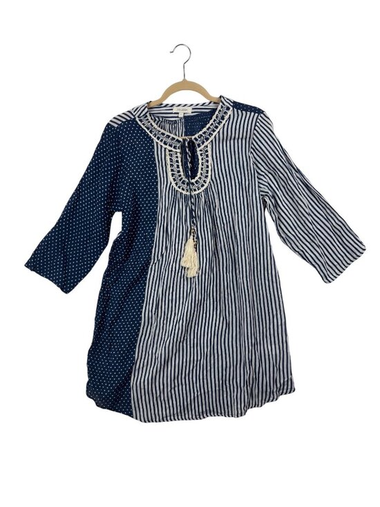 Velzera Dresses & Skirts - ✨3/$30 Velzera L Blue White Striped & Polka Dot Tunic Dress Boho Tassel